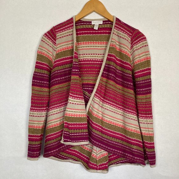 🛍 4/$20 Charter Club Hot Pink Gold & Beige Striped Open Front Sweater - Picture 1 of 5